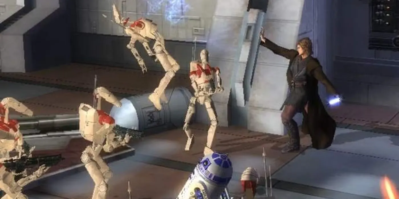 Cảnh chiến đấu giữa Anakin Skywalker và Obi-Wan Kenobi trong game Star Wars: Episode III: Revenge of the Sith.