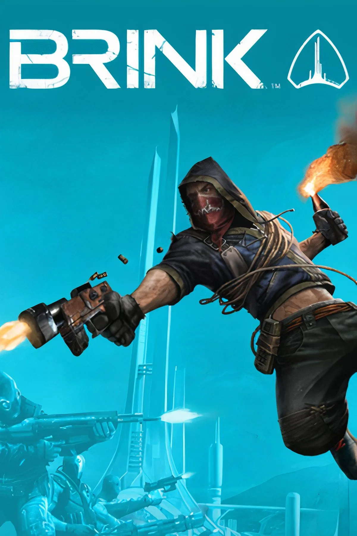 Cảnh chiến đấu trong game Brink với các nhân vật trang bị súng ống hiện đại, thể hiện phong cách bắn súng góc nhìn thứ nhất và môi trường đô thị tương lai.