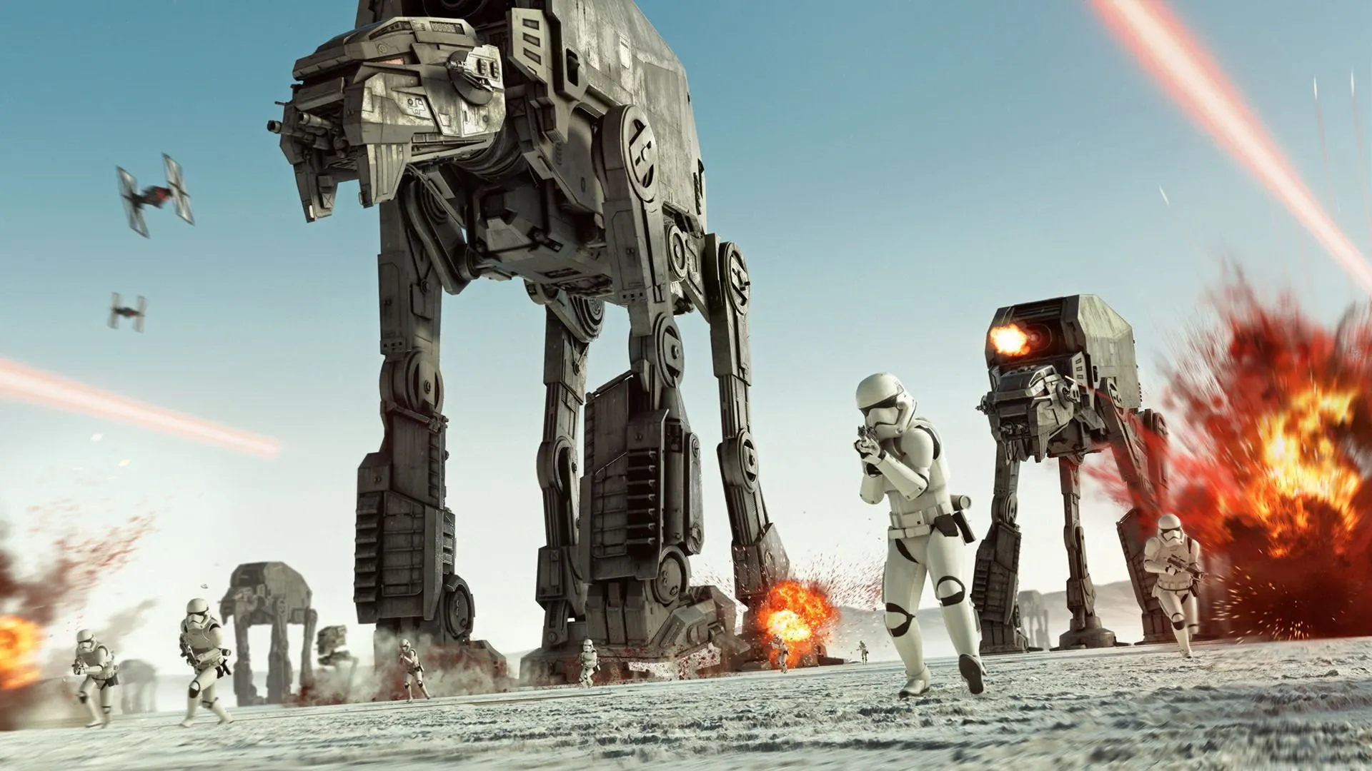 Cảnh chiến trường hùng vĩ với AT-AT trong Star Wars Battlefront II, thể hiện đồ họa đỉnh cao