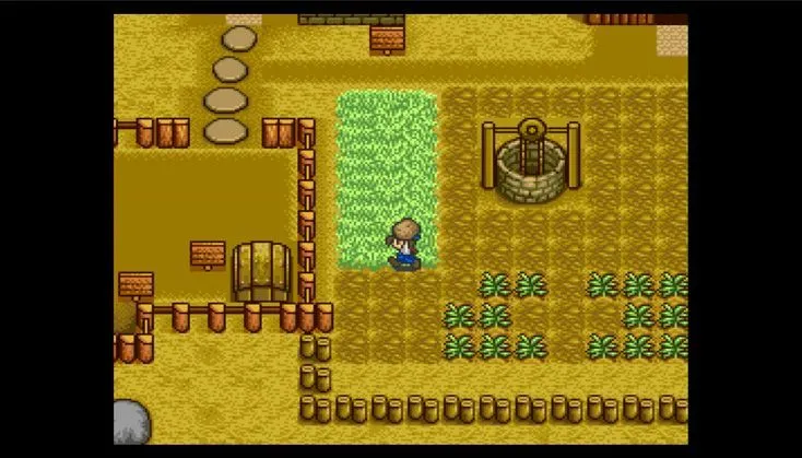 Cảnh chơi game Harvest Moon cổ điển với đồ họa pixel quen thuộc.
