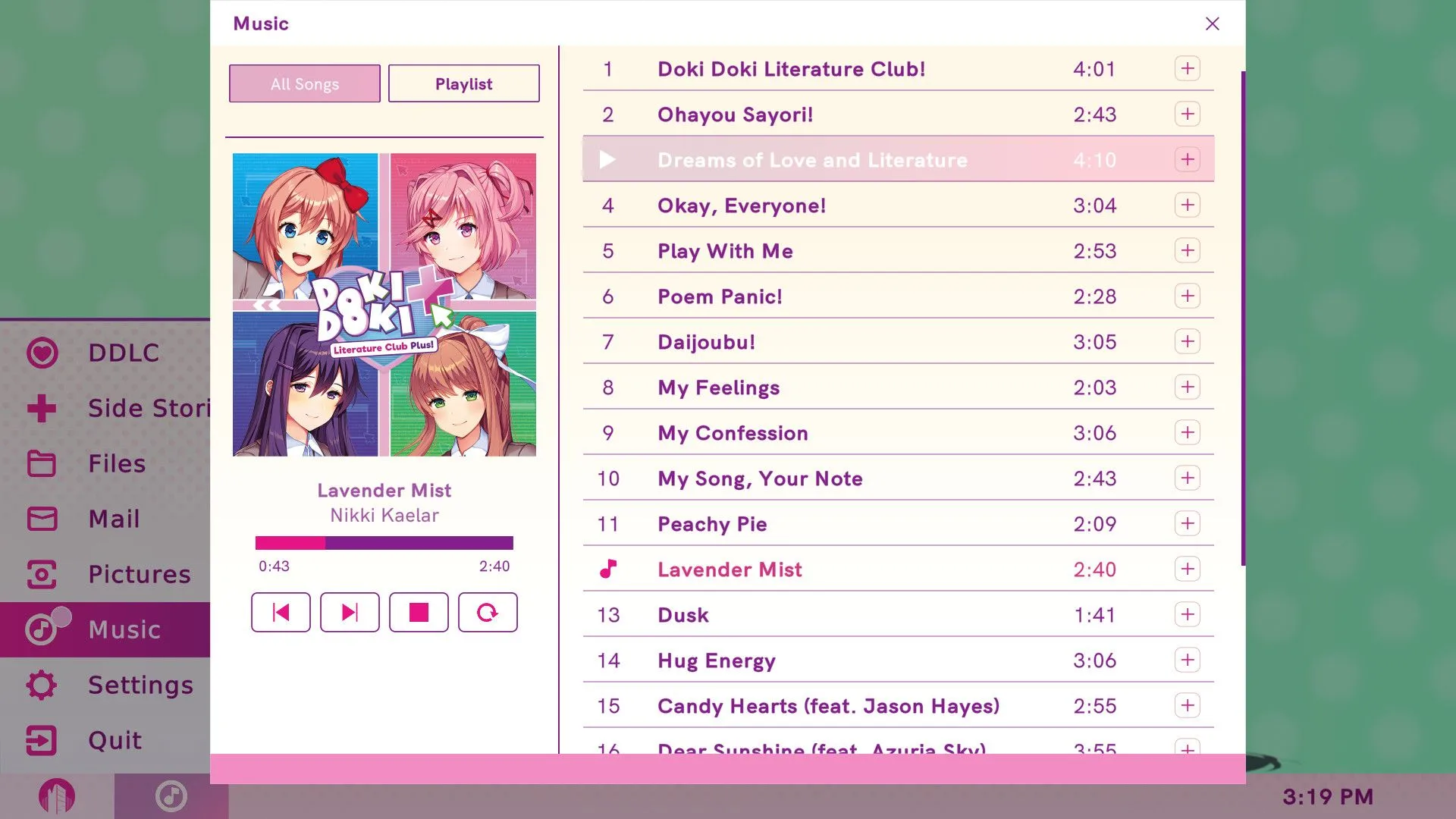 Cảnh game Doki Doki Literature Club với giao diện đặc trưng và các nhân vật