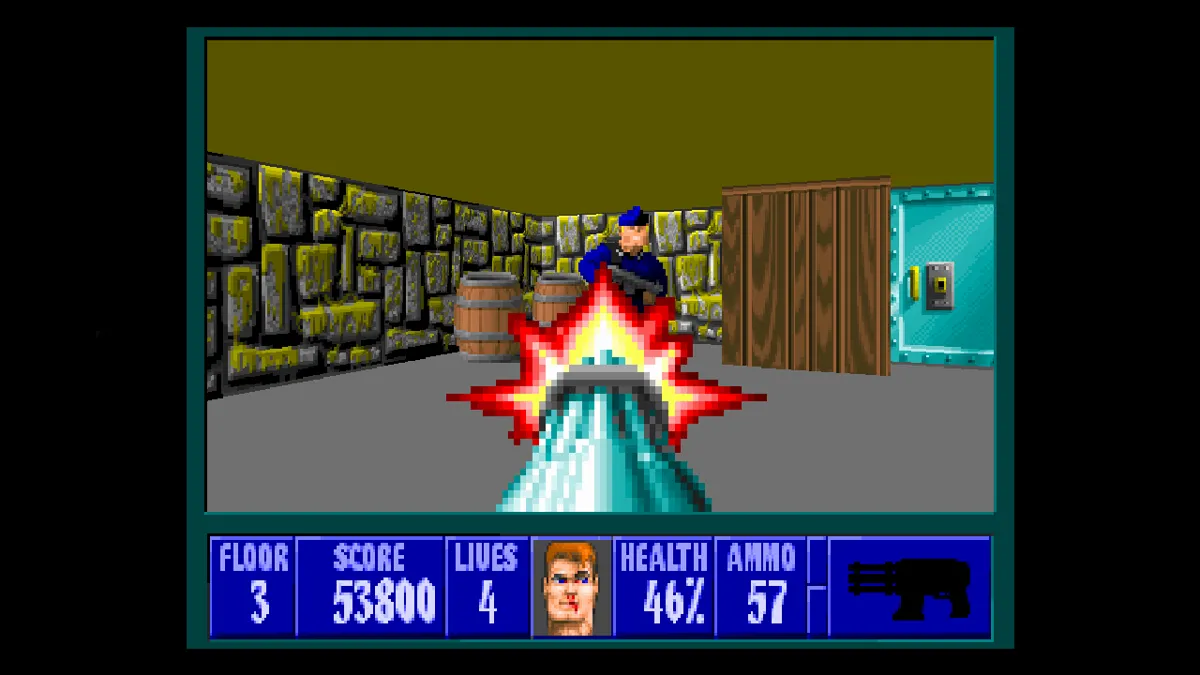 Cảnh game Wolfenstein 3D, minh họa đồ họa 2.5D huyền thoại