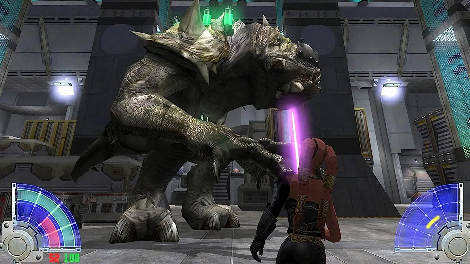 Cảnh gameplay từ Star Wars: Jedi Knight: Jedi Academy, mô tả trận chiến lightsaber khốc liệt.
