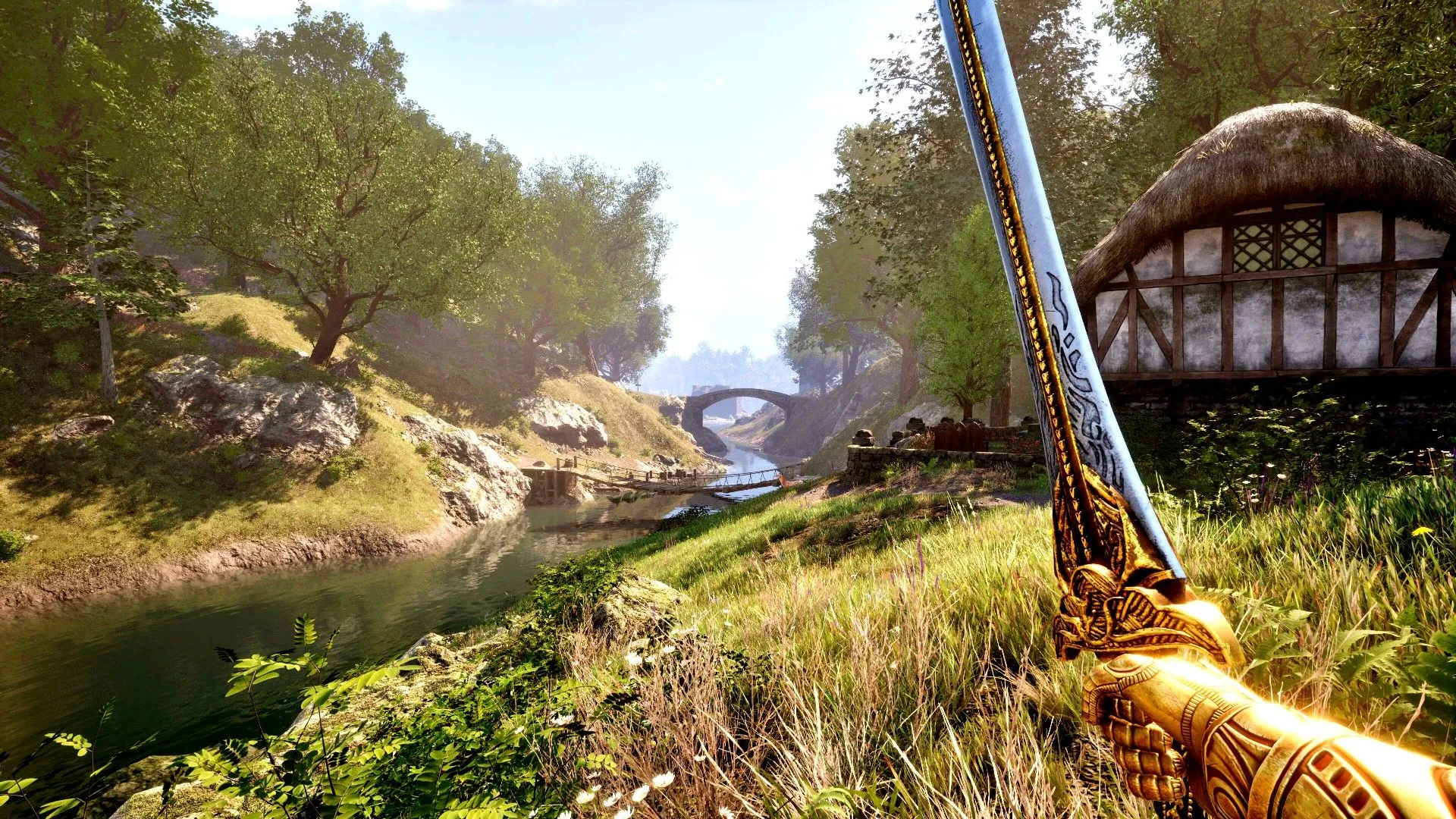 Cảnh người chơi đứng cạnh sông trong The Elder Scrolls IV Oblivion Remastered