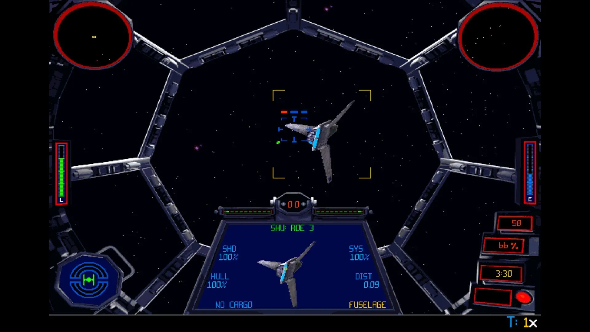 Cảnh phi thuyền TIE Fighter của Đế chế trong game mô phỏng bay Star Wars: TIE Fighter.