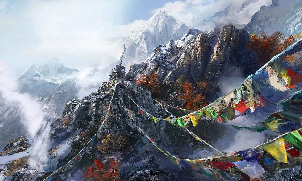 Cảnh quan Kyrat trong Far Cry 4 mô phỏng dãy Himalaya với cờ cầu nguyện truyền thống