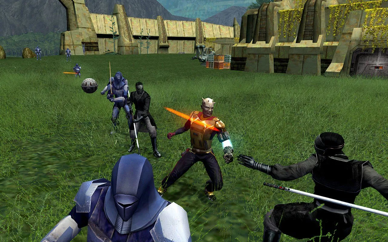Cảnh trong game Knights of the Old Republic II với các nhân vật quen thuộc