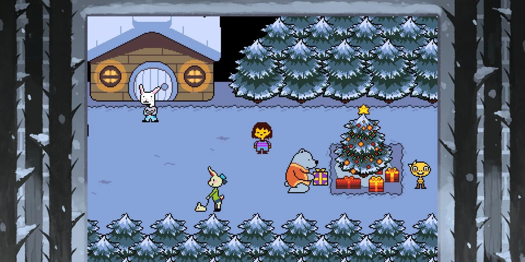 Cảnh từ Undertale với nhân vật chính Frisk và các quái vật trong thế giới ngầm.