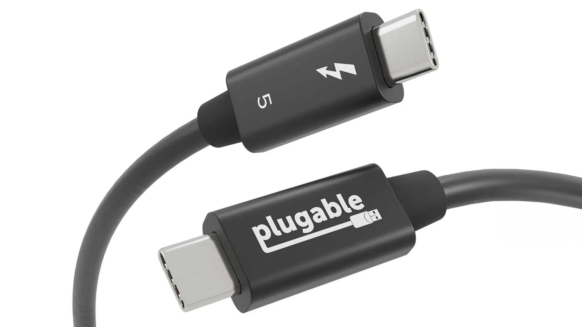 Cáp Thunderbolt 5 của Plugable màu đen đặt trên nền trắng, nổi bật với đầu nối USB-C, thể hiện thiết kế gọn gàng và cao cấp