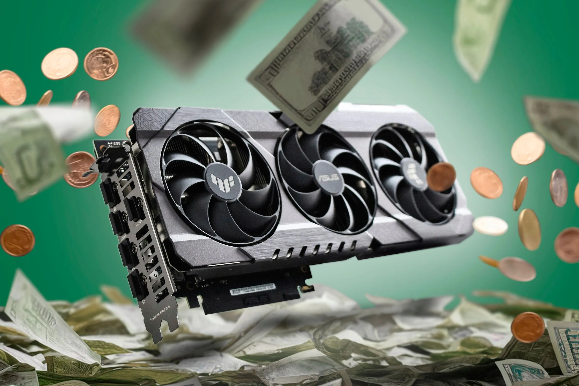 Card đồ họa (GPU) đặt trên nền các tờ tiền, minh họa chi phí phần cứng chơi game 4K
