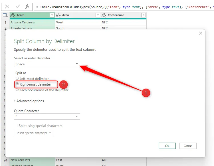 Cấu hình hộp thoại Split Column By Delimiter trong Power Query: chọn khoảng trắng và Right-most delimiter