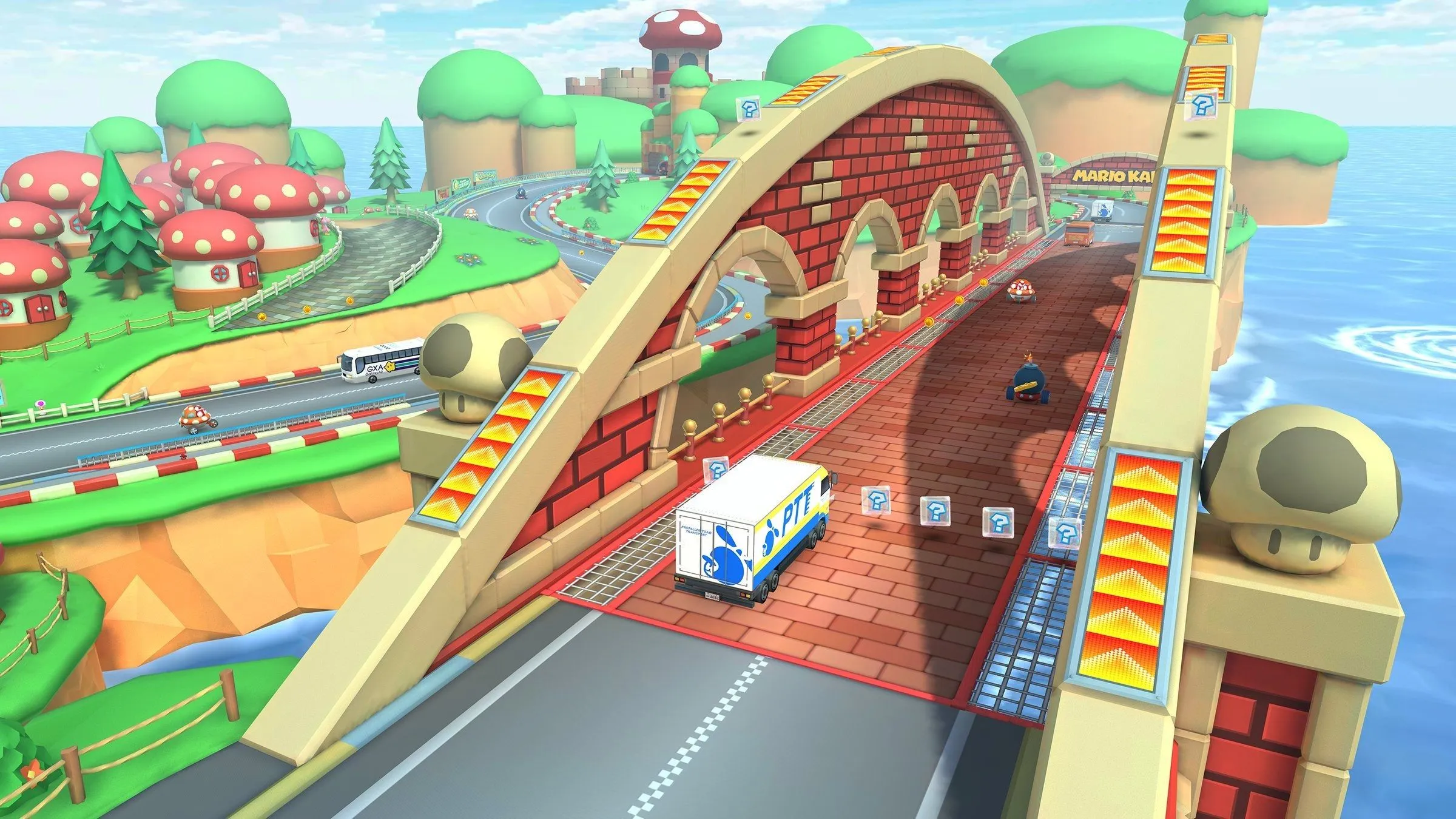 Cầu Nấm (Mushroom Bridge) trong loạt game Mario Kart với giao thông tấp nập.