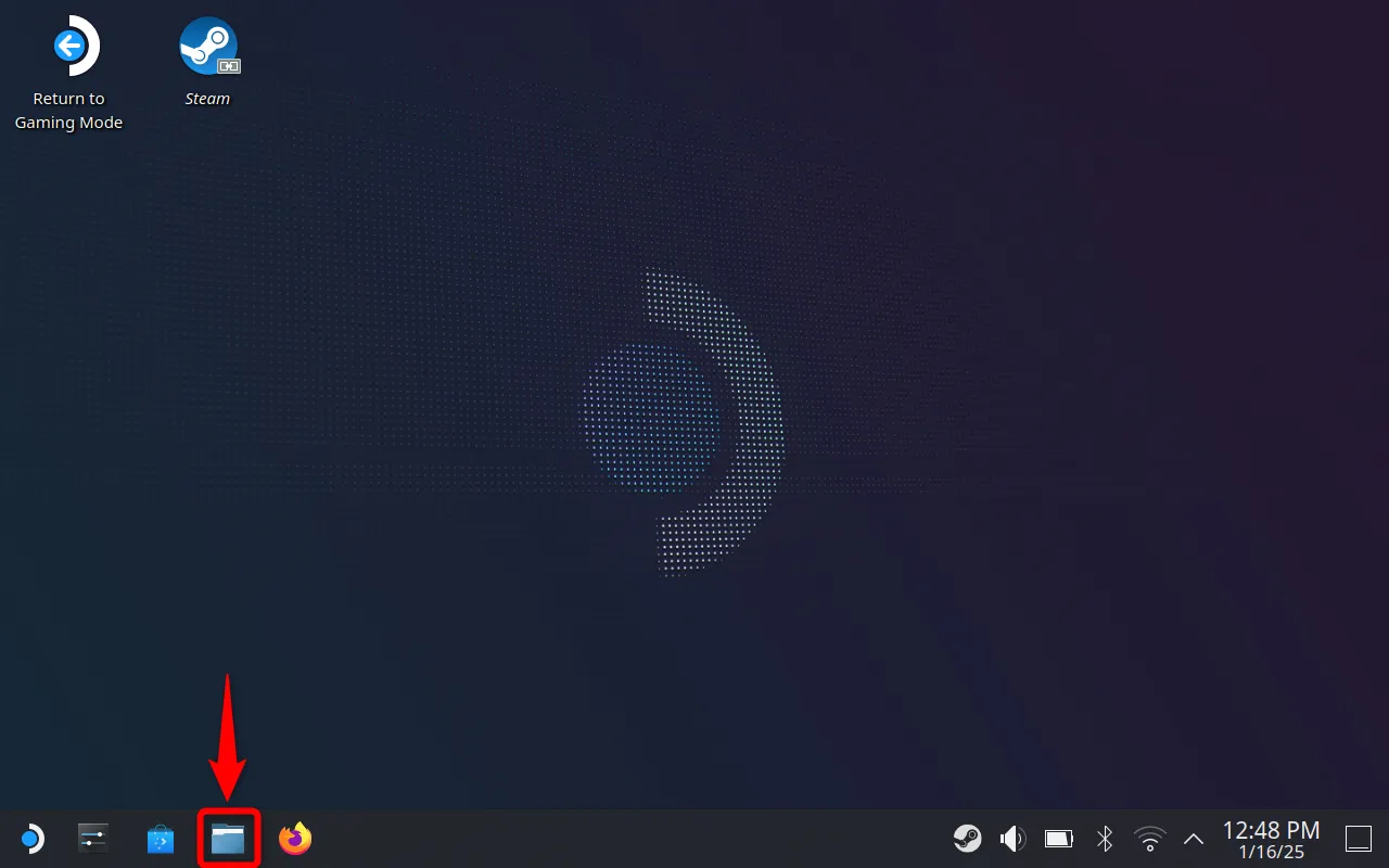 Chế độ Máy tính của Steam Deck với ứng dụng Quản lý Tệp Dolphin được làm nổi bật