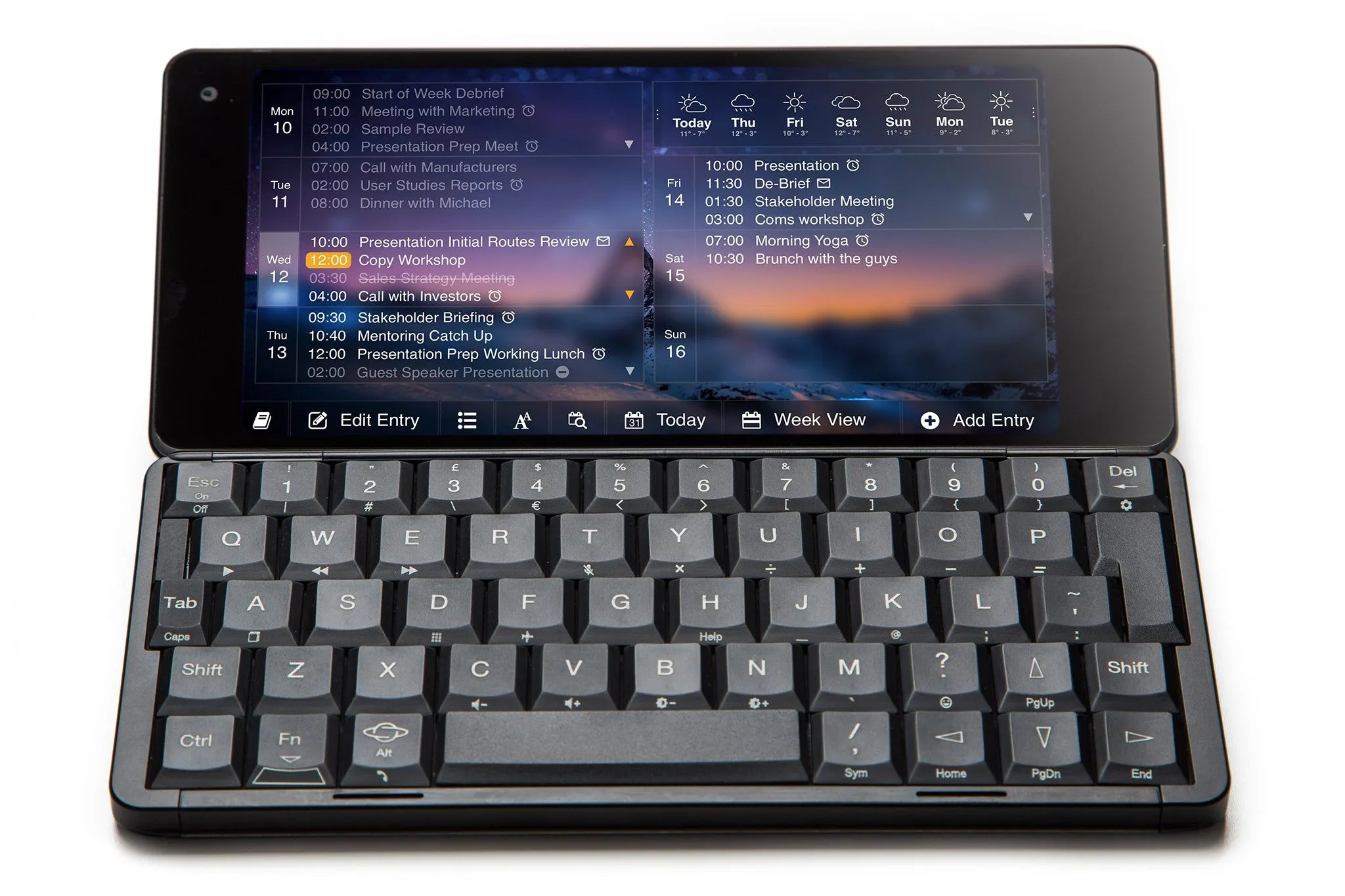 Chiếc Gemini PDA với màn hình gập và bàn phím vật lý QWERTY.