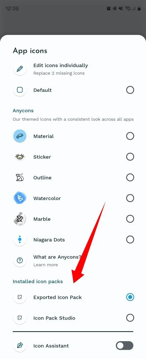 Chọn gói biểu tượng tùy chỉnh đã tạo trong cài đặt của Niagara Launcher