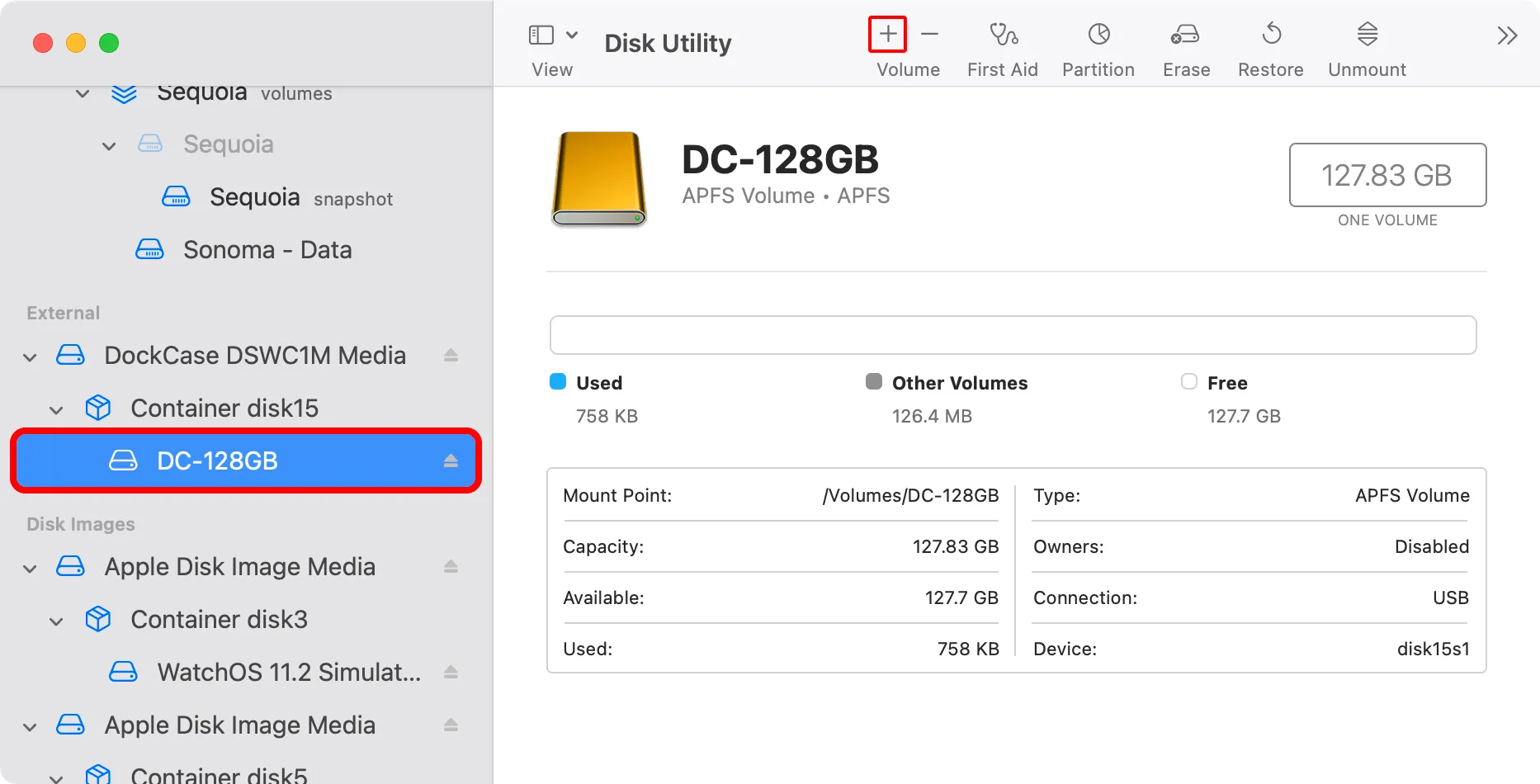Chọn ổ đĩa ngoài trong Disk Utility và nhấp vào nút &quot;+&quot; để thêm volume Time Machine.