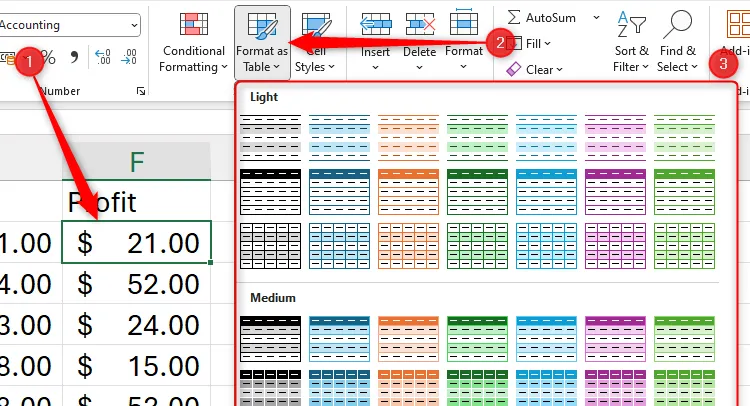 Chọn ô dữ liệu trong Excel và sử dụng tùy chọn &quot;Format As Table&quot; để định dạng dữ liệu thành bảng.