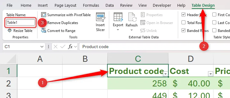 Chọn ô trong bảng Excel, sau đó nhập tên mới vào trường &quot;Table Name&quot; trong tab &quot;Table Design&quot;.