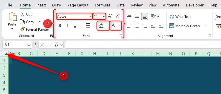 Chọn tất cả các ô trong Excel để thiết lập màu nền, font chữ, kích thước và màu chữ cho trang chủ.
