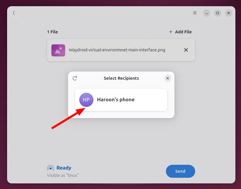 Chọn thiết bị Android mục tiêu để gửi file từ Packet trên Linux qua Quick Share