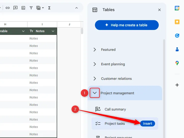 Chọn và chèn mẫu bảng quản lý dự án có sẵn từ Google Sheets