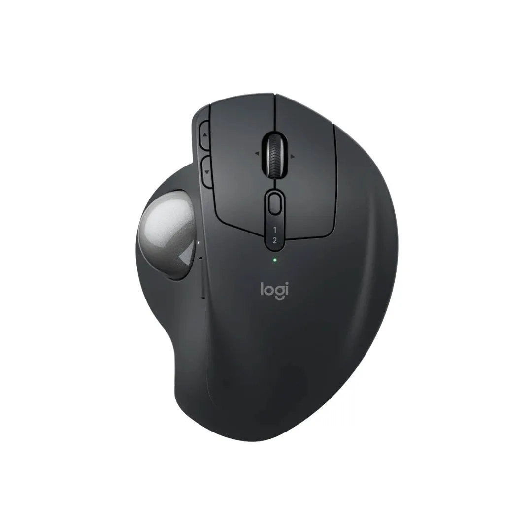 Chuột trackball Logitech MX Ergo S màu đen trên nền trắng, nổi bật thiết kế ergonomic.