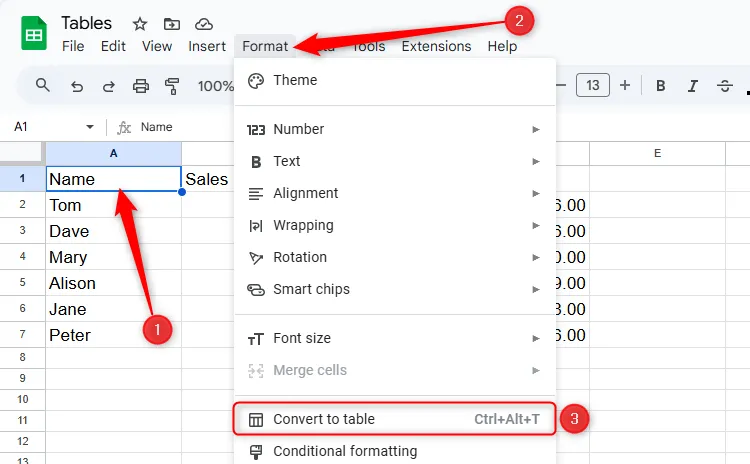 Chuyển đổi dữ liệu có sẵn thành bảng trong Google Sheets thông qua &quot;Convert To Table&quot;