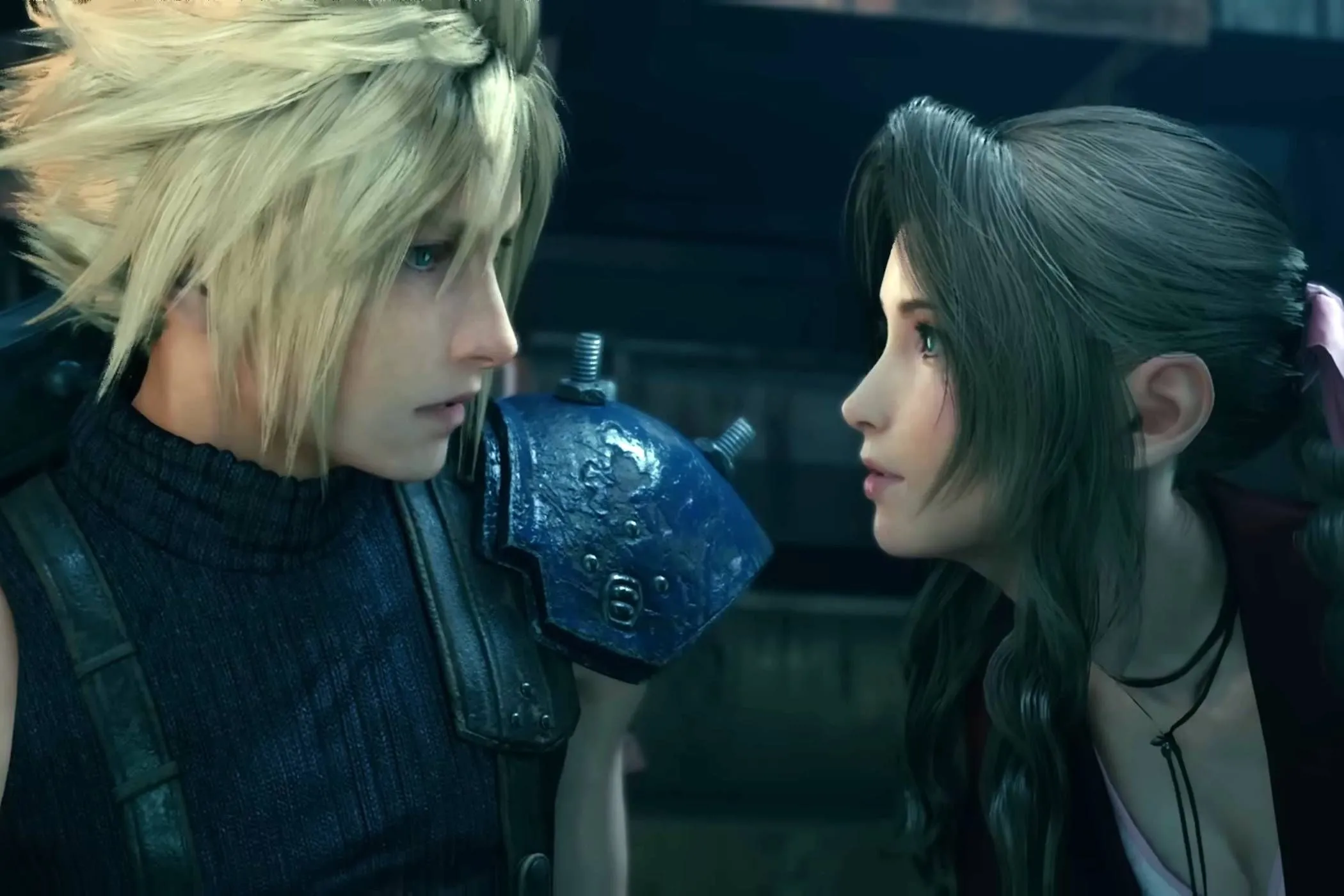 Cloud Strife nhìn về phía Aerith Gainsborough trong Final Fantasy VII Remake, một phiên bản hiện đại của tựa game RPG với âm nhạc Nobuo Uematsu huyền thoại.