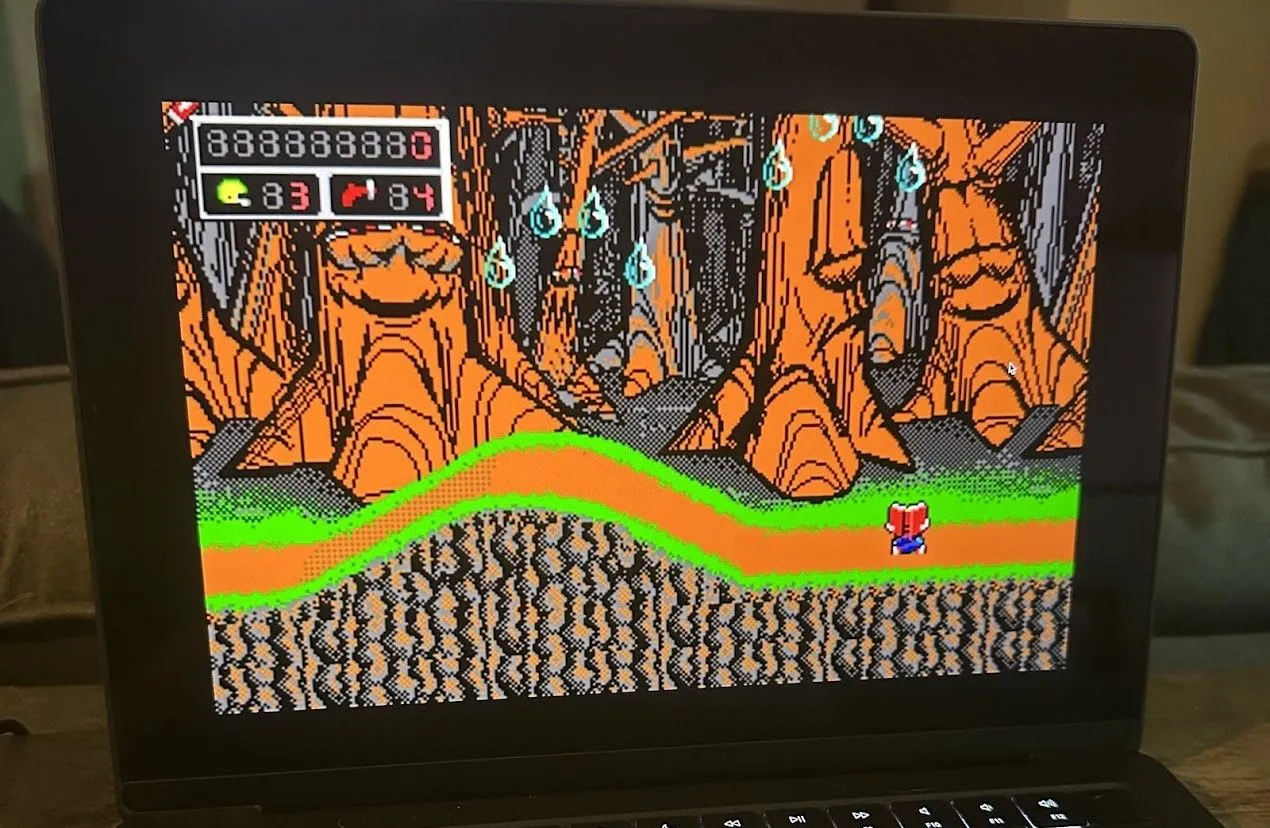 Commander Keen đang chạy trên MacBook Pro, thể hiện đồ họa pixel art