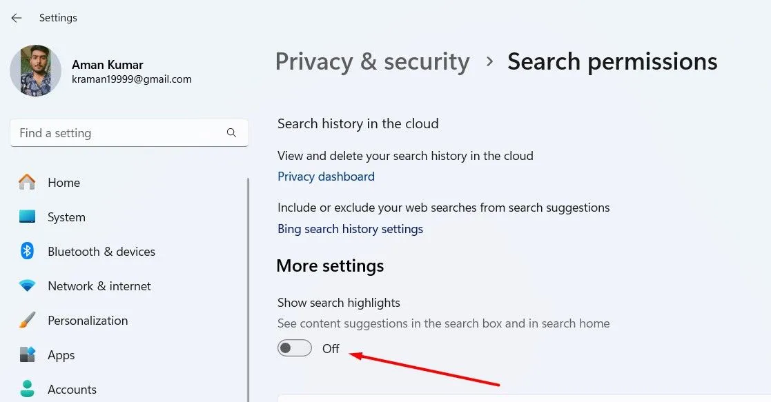 Công tắc &quot;Show Search Highlights&quot; trong cài đặt quyền riêng tư tìm kiếm của Windows 11.