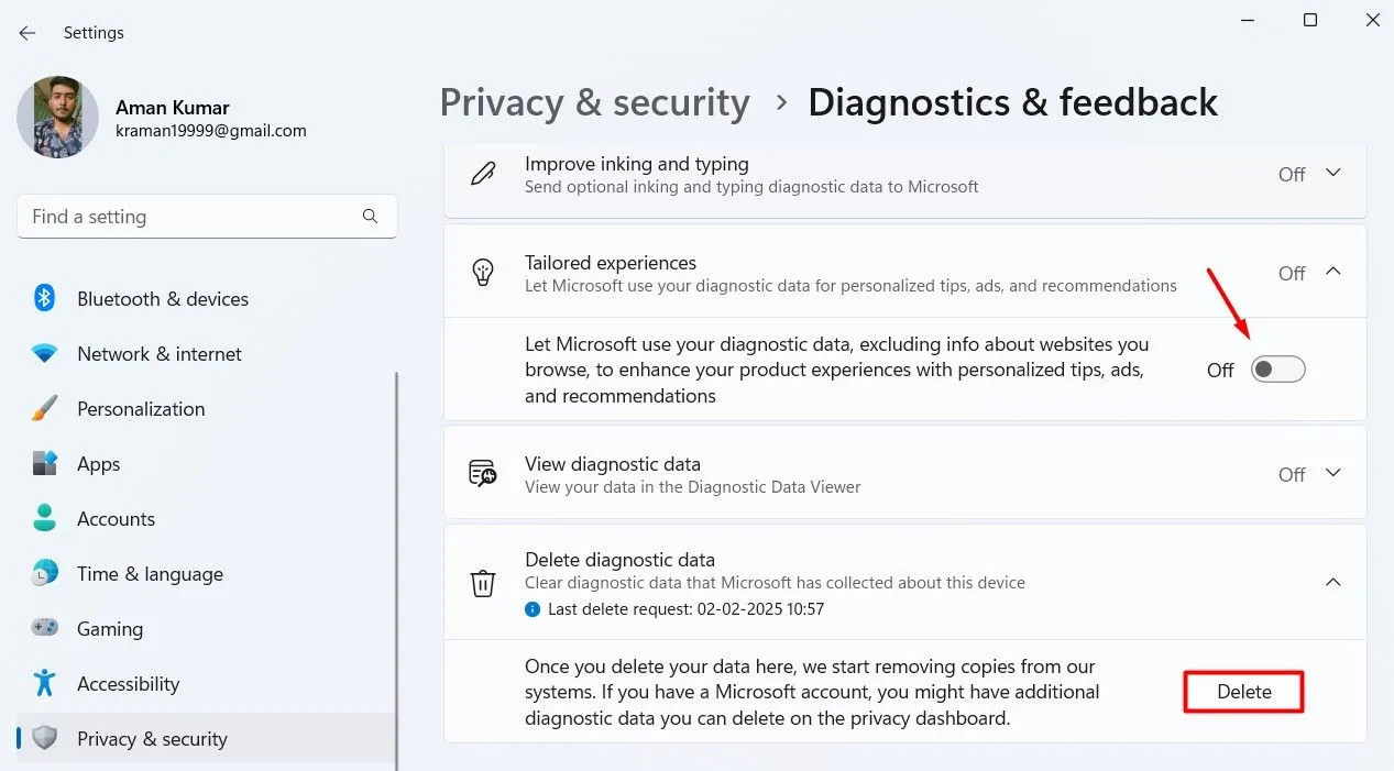 Công tắc &quot;Tailored Experiences&quot; liên quan đến dữ liệu chẩn đoán trong cài đặt Windows 11.