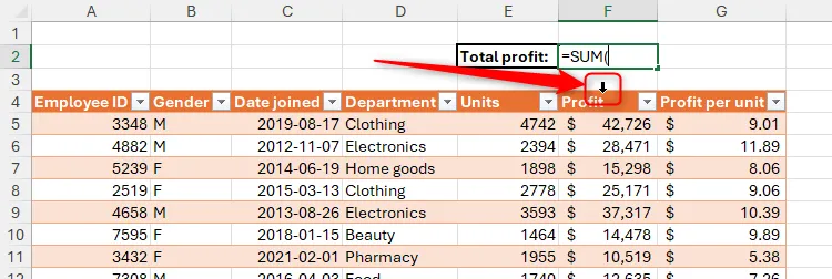 Công thức SUM trong Excel đã được tạo, và con trỏ đã biến thành mũi tên xuống màu đen khi di chuột qua tên cột trong bảng Excel