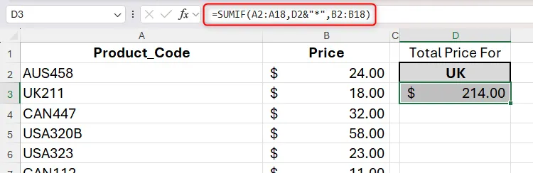 Công thức SUMIF với tham chiếu ô được nối với Wildcard trong Excel để trả về tổng giá của tất cả các mã sản phẩm bắt đầu bằng &quot;UK&quot;.