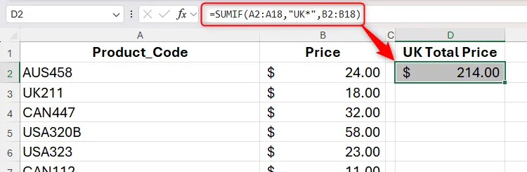 Công thức SUMIF với Wildcards trong Excel để trả về tổng giá của tất cả các mã sản phẩm bắt đầu bằng &quot;UK&quot;.