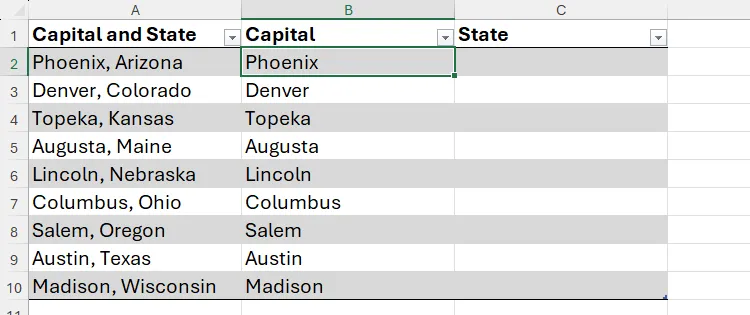 Công thức TEXTBEFORE giúp trích xuất tên thủ đô vào cột B trong Excel
