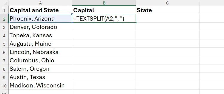 Công thức TEXTSPLIT để tách tên thủ đô và bang thành hai cột trong Excel