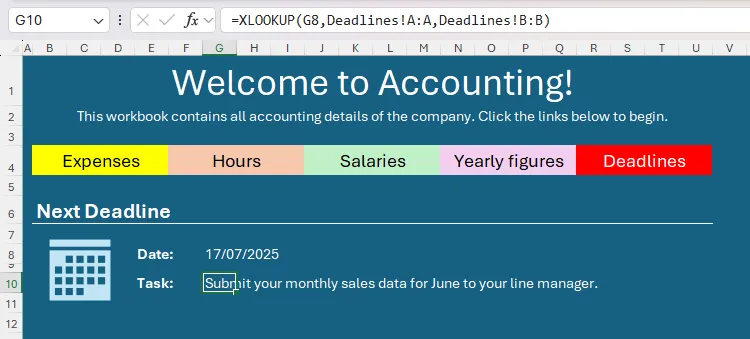 Công thức XLOOKUP trong Excel được dùng để tự động hiển thị chi tiết công việc của hạn chót sắp tới.