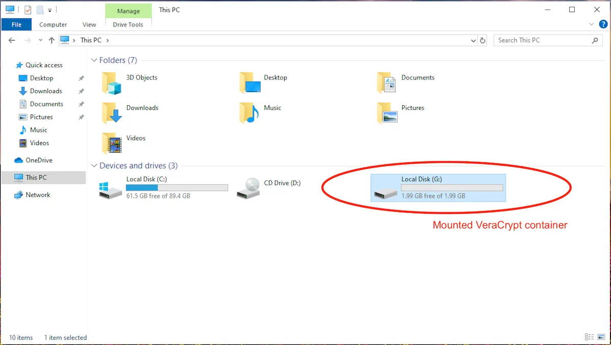 Container VeraCrypt đã gắn được hiển thị như một ổ đĩa cứng thông thường trong File Explorer, dễ dàng truy cập và quản lý dữ liệu