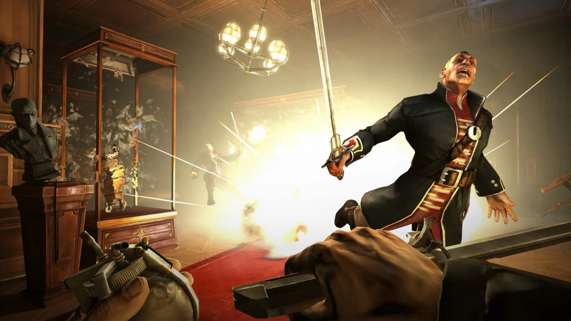 Corvo Attano trong Dishonored đang nhìn một kẻ thù bị nổ tung