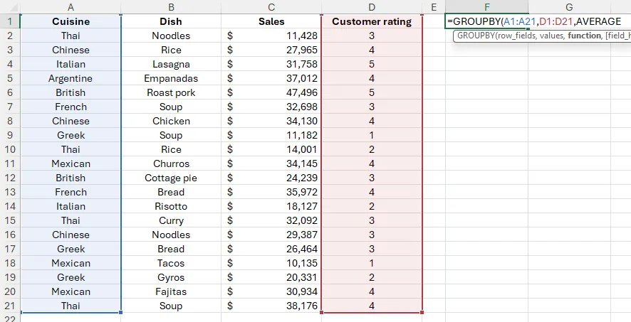 Cú pháp hàm GROUPBY trong Excel bao gồm các đối số dữ liệu và tiêu đề.