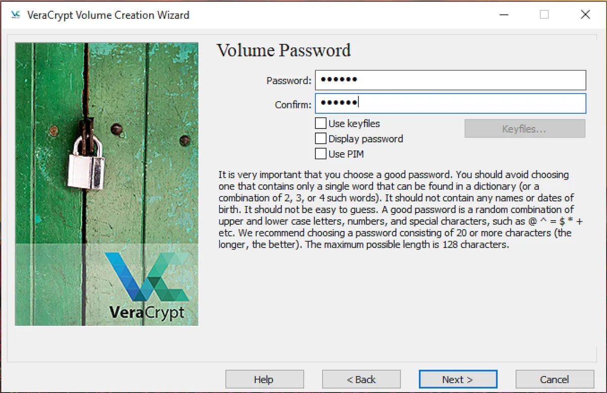 Cửa sổ đặt mật khẩu cho volume VeraCrypt, yêu cầu người dùng tạo một mật khẩu mạnh để bảo vệ dữ liệu tối ưu