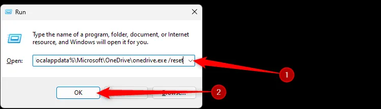Cửa sổ Run trong Windows 11 hiển thị lệnh để đặt lại OneDrive