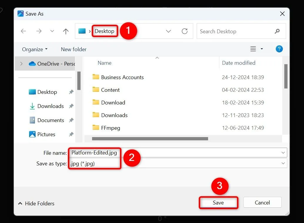 Cửa sổ &quot;Save As&quot; của ứng dụng Photos với các tùy chọn lưu ảnh và loại tệp
