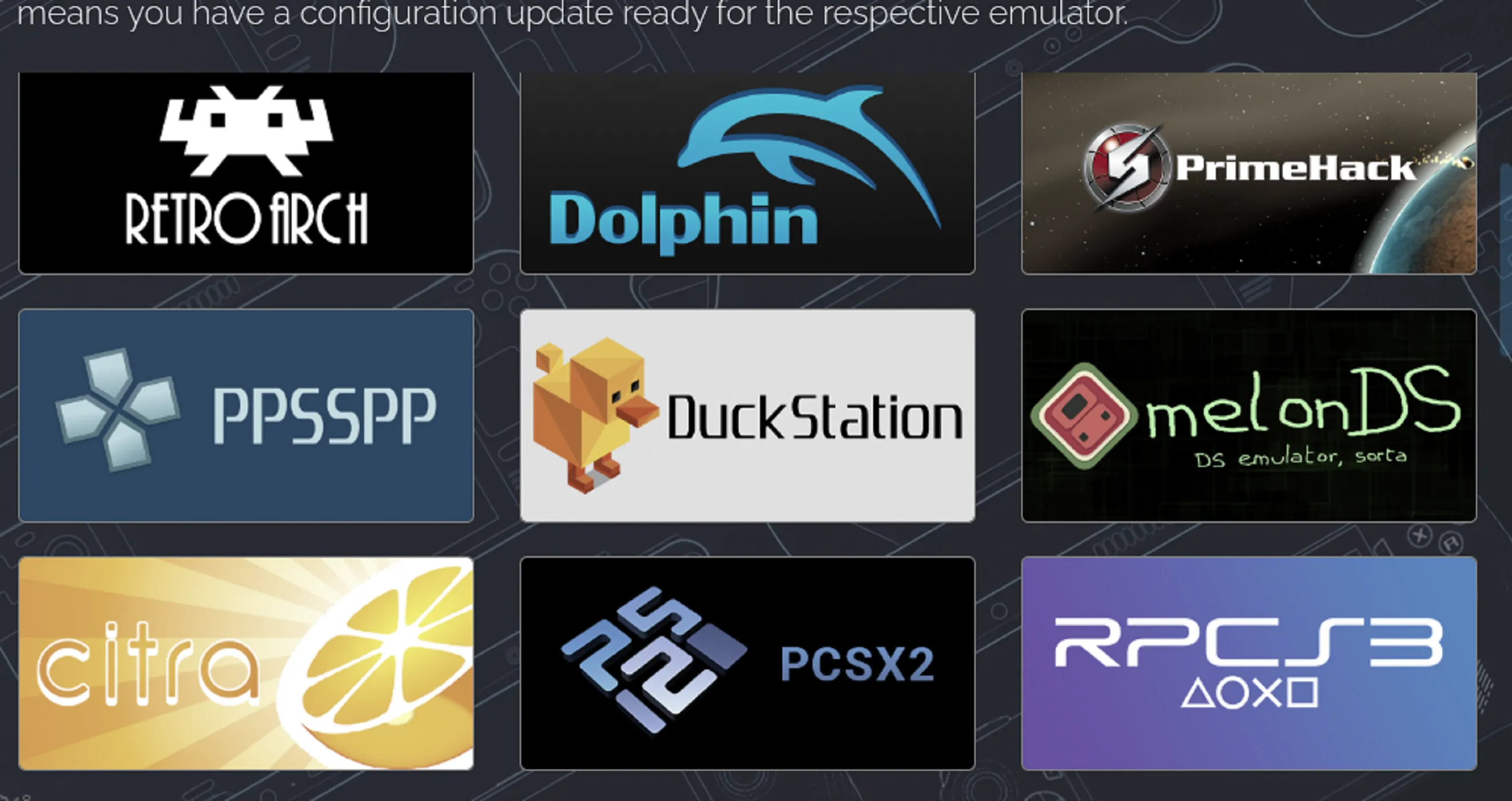 Danh sách các trình giả lập được cài đặt và quản lý qua EmuDeck, tích hợp vào thư viện Steam