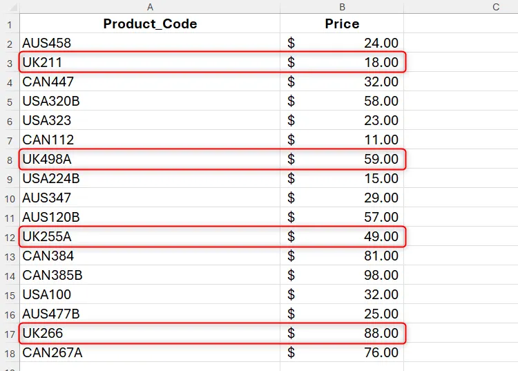 Danh sách mã sản phẩm trong Excel, với tất cả các mã chứa chữ UK được tô sáng.
