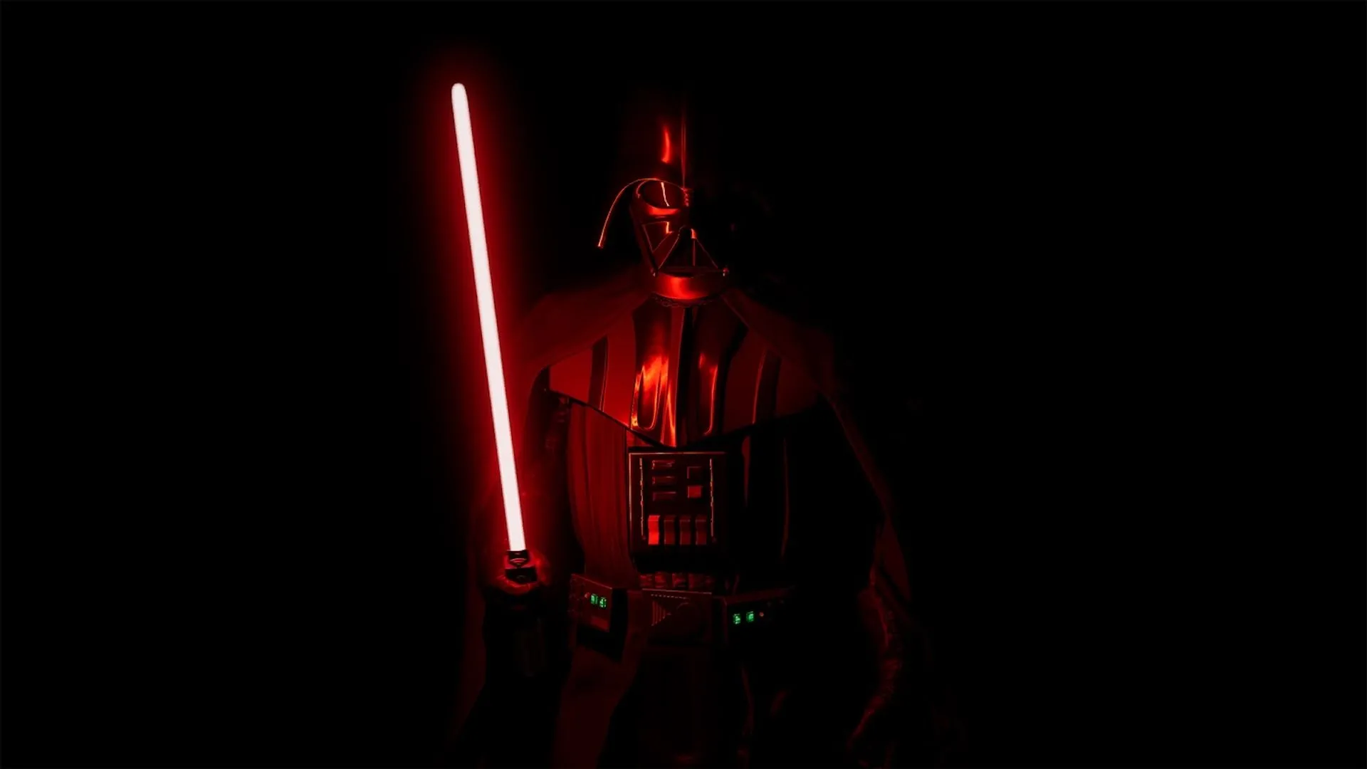 Darth Vader trong bóng tối được chiếu sáng bởi thanh lightsaber đỏ rực trong game VR Vader Immortal.