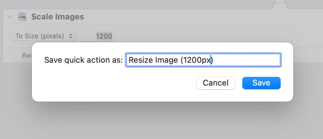 Đặt tên cho Quick Action tùy chỉnh trong ứng dụng Automator của macOS.