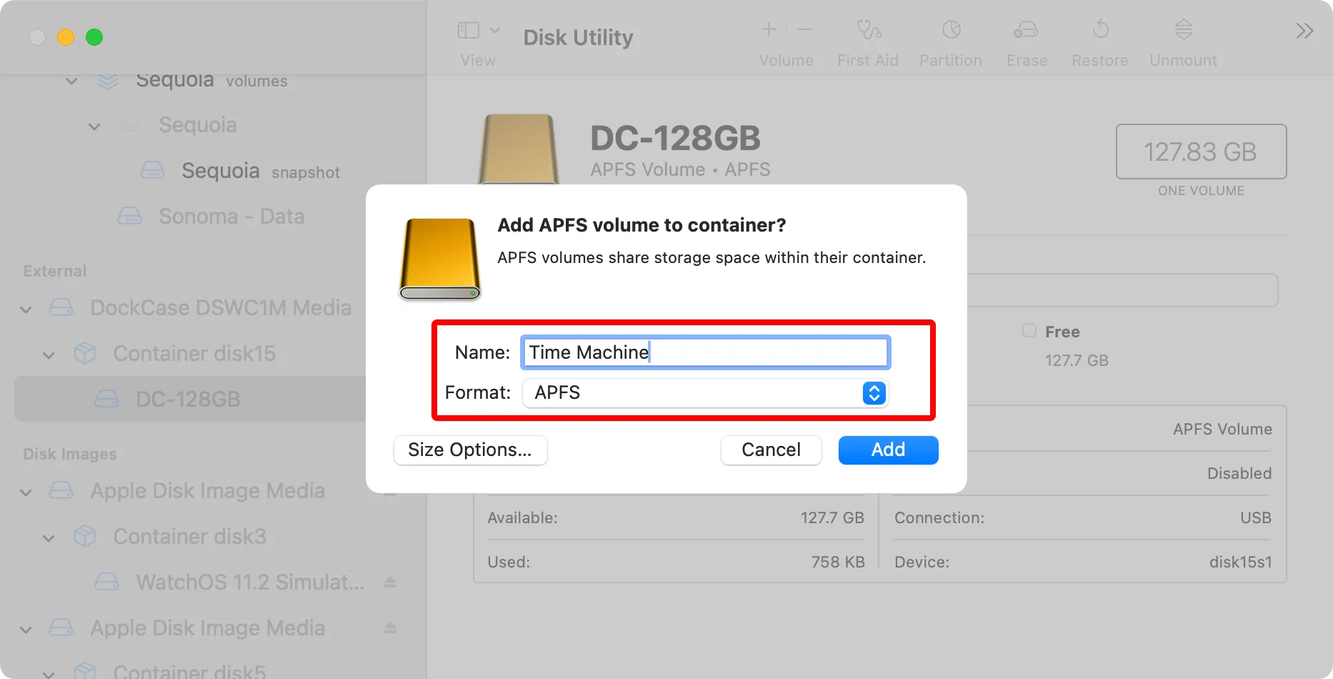 Đặt tên và chọn định dạng APFS khi thêm volume mới cho Time Machine trong Disk Utility.