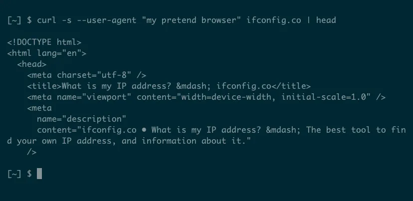 Đầu ra từ một yêu cầu curl đến ifconfig.co với user agent đã sửa đổi hiển thị mã nguồn HTML trong phản hồi.
