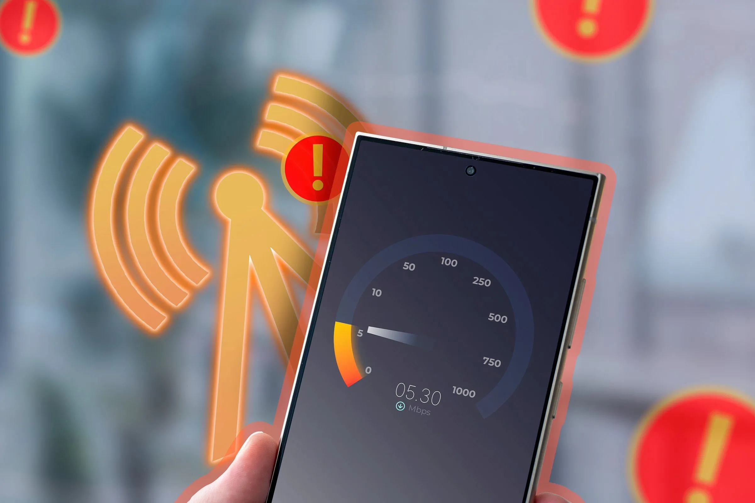 Điện thoại đang chạy kiểm tra tốc độ internet, hiển thị kết quả đo tốc độ tải xuống và tải lên